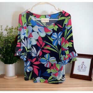 NWT Cappagallo Double Ruffle Bright navy multicolor Top Size Medium Floral Shirt